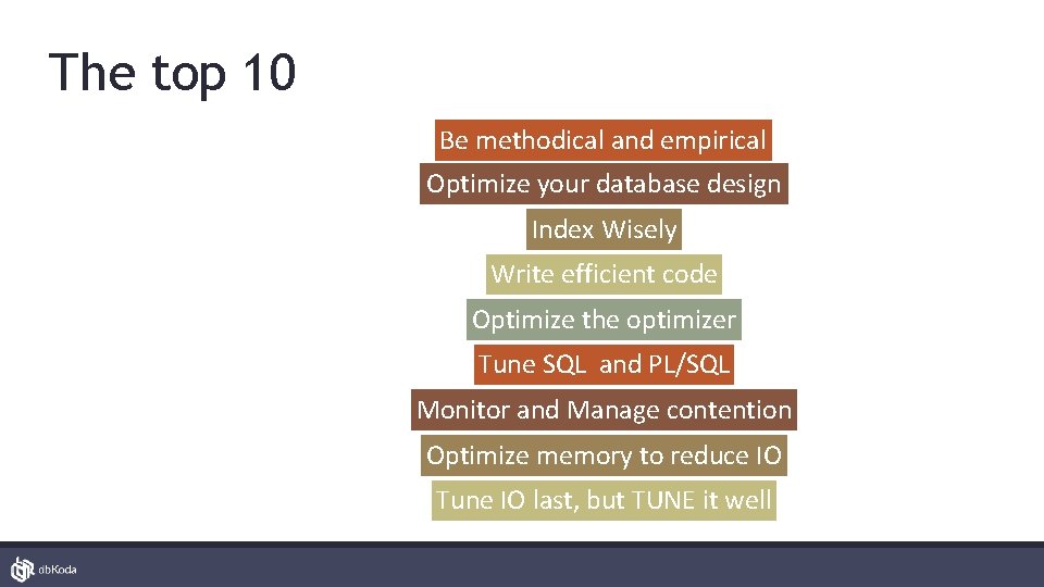 The top 10 Be methodical and empirical Optimize your database design Index Wisely Write
