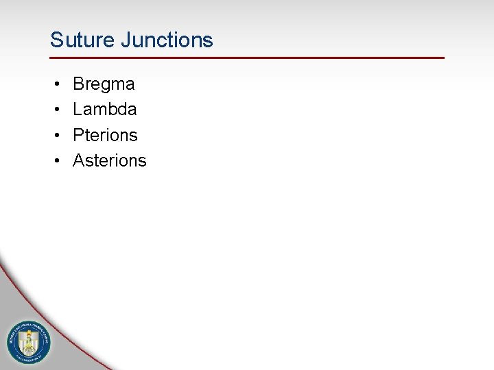 Suture Junctions • • Bregma Lambda Pterions Asterions 