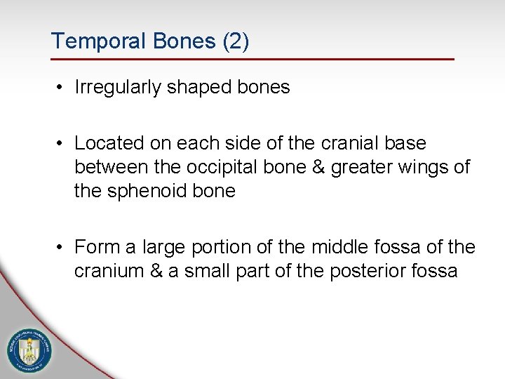 Temporal Bones (2) • Irregularly shaped bones • Located on each side of the