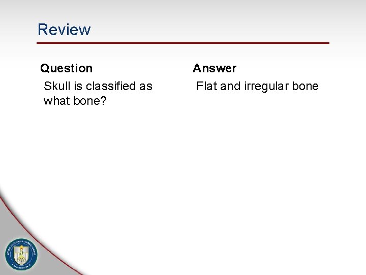 Review Question Skull is classified as what bone? Answer Flat and irregular bone 