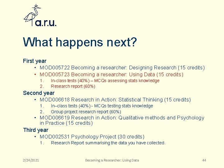 What happens next? First year • MOD 005722 Becoming a researcher: Designing Research (15