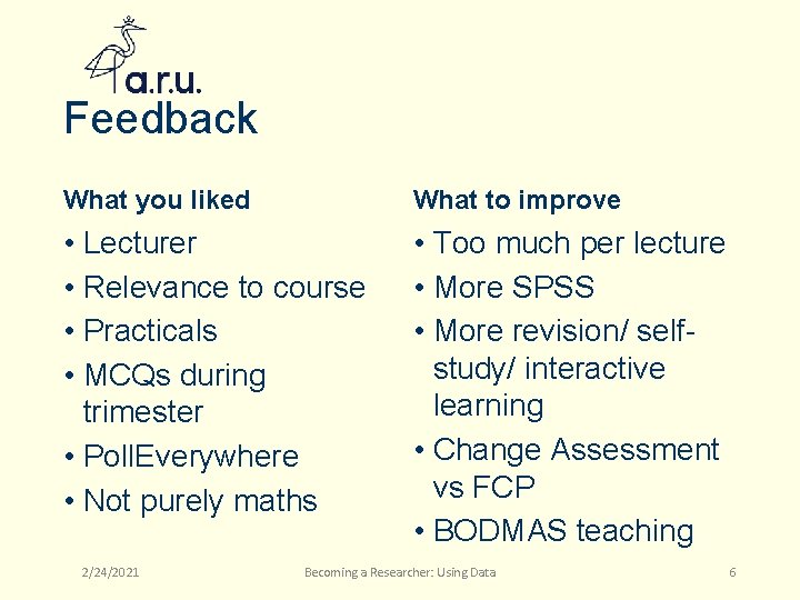 Feedback What you liked What to improve • Lecturer • Relevance to course •