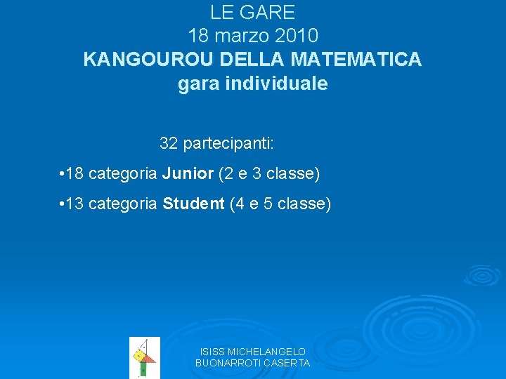 LE GARE 18 marzo 2010 KANGOUROU DELLA MATEMATICA gara individuale 32 partecipanti: • 18