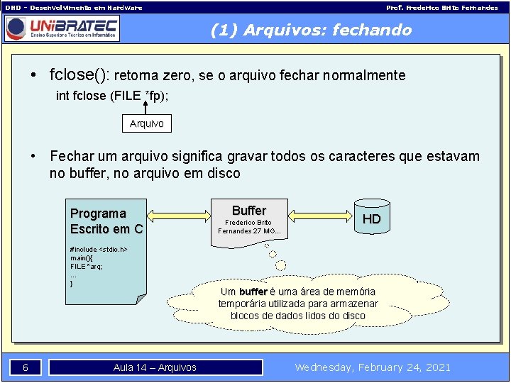 DHD – Desenvolvimento em Hardware Prof. Frederico Brito Fernandes (1) Arquivos: fechando • fclose():