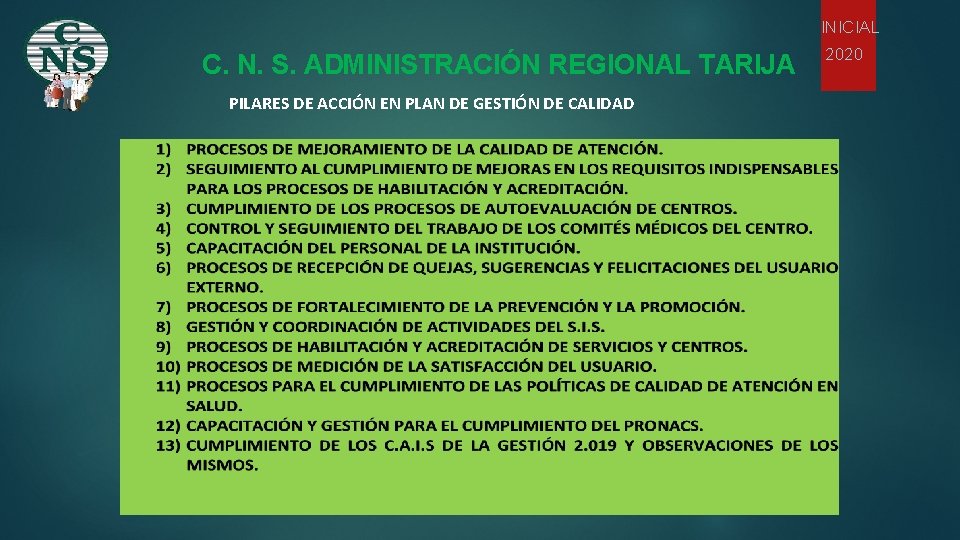 INICIAL C. N. S. ADMINISTRACIÓN REGIONAL TARIJA PILARES DE ACCIÓN EN PLAN DE GESTIÓN