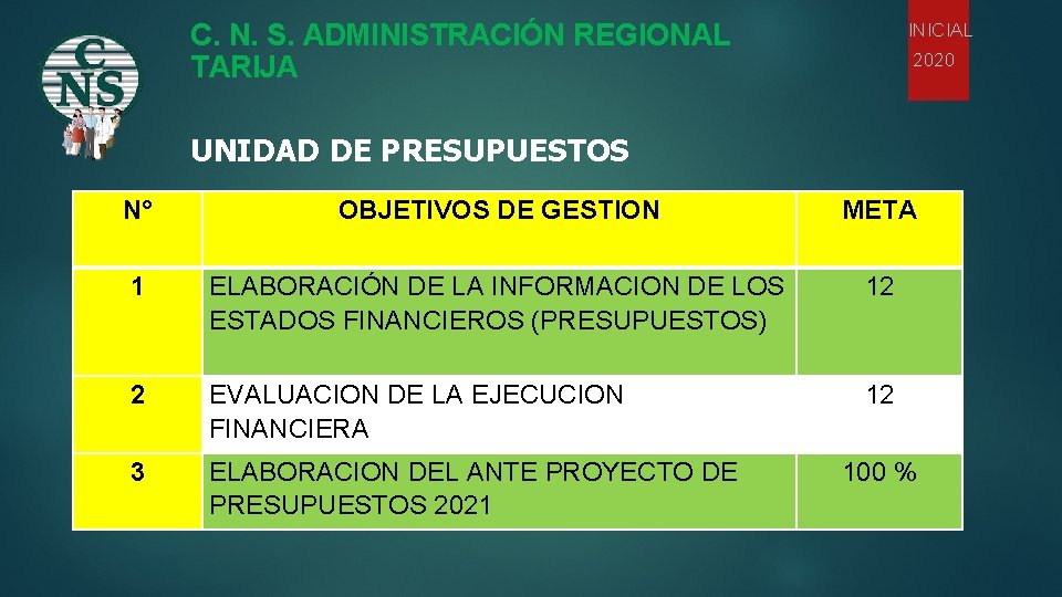 C. N. S. ADMINISTRACIÓN REGIONAL TARIJA INICIAL 2020 UNIDAD DE PRESUPUESTOS N° OBJETIVOS DE