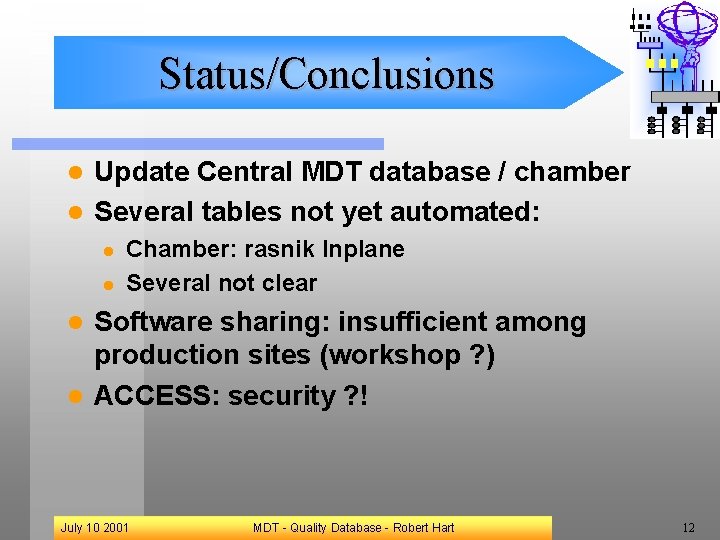 Status/Conclusions Update Central MDT database / chamber l Several tables not yet automated: l