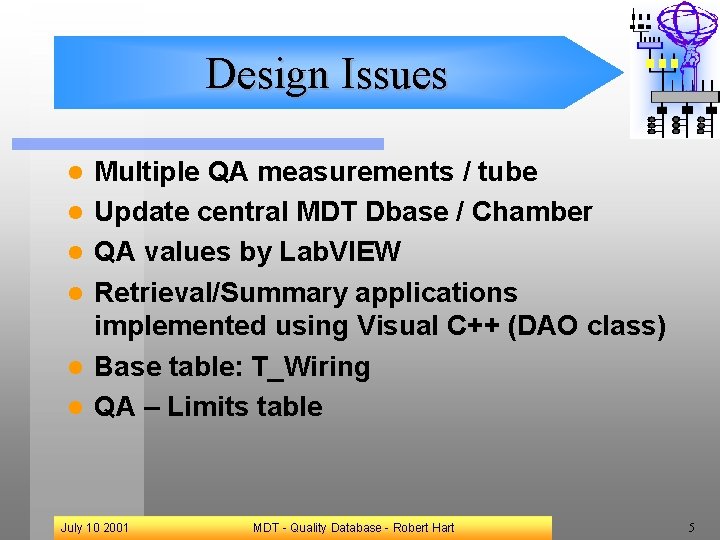Design Issues l l l Multiple QA measurements / tube Update central MDT Dbase