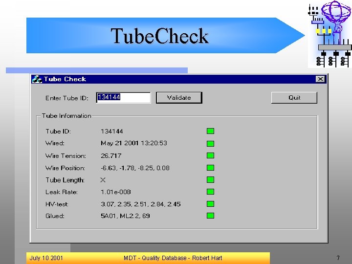 Tube. Check July 10 2001 MDT - Quality Database - Robert Hart 7 