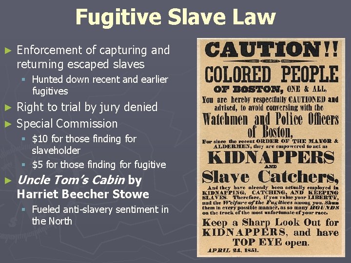 Fugitive Slave Law ► Enforcement of capturing and returning escaped slaves § Hunted down