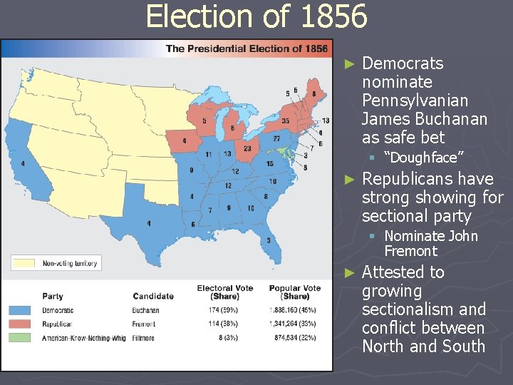 Election of 1856 ► Democrats nominate Pennsylvanian James Buchanan as safe bet § “Doughface”