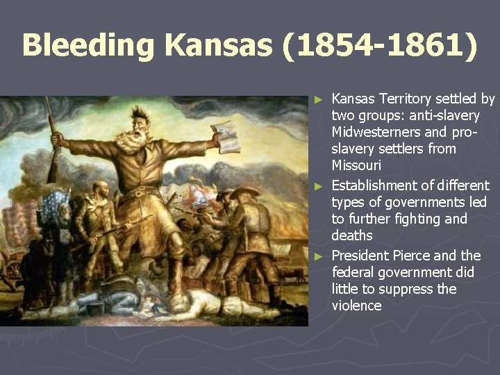 Bleeding Kansas (1854 -1861) Kansas Territory settled by two groups: anti-slavery Midwesterners and proslavery