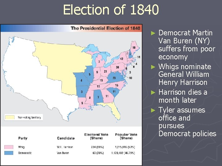 Election of 1840 Democrat Martin Van Buren (NY) suffers from poor economy ► Whigs