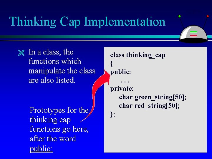 Thinking Cap Implementation In a class, the functions which manipulate the class are also