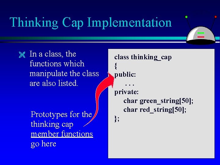 Thinking Cap Implementation In a class, the functions which manipulate the class are also