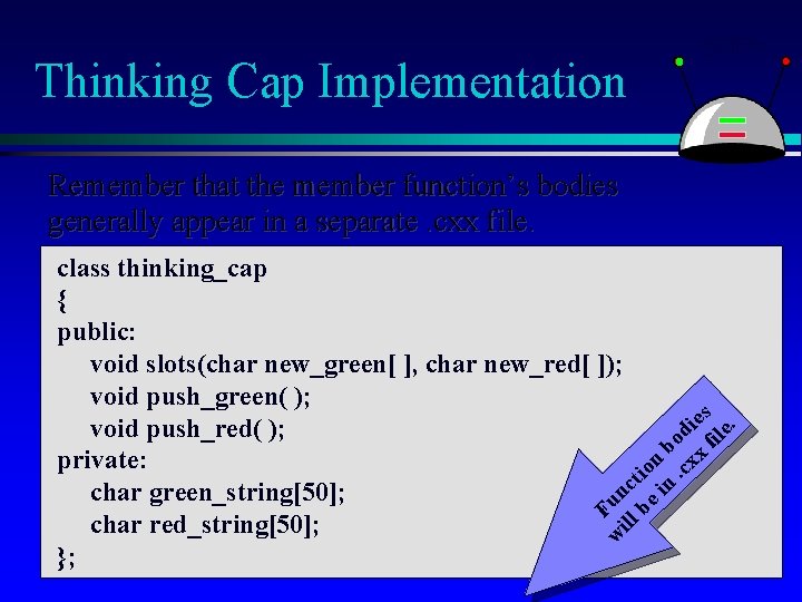 Thinking Cap Implementation Remember that the member function’s bodies generally appear in a separate.