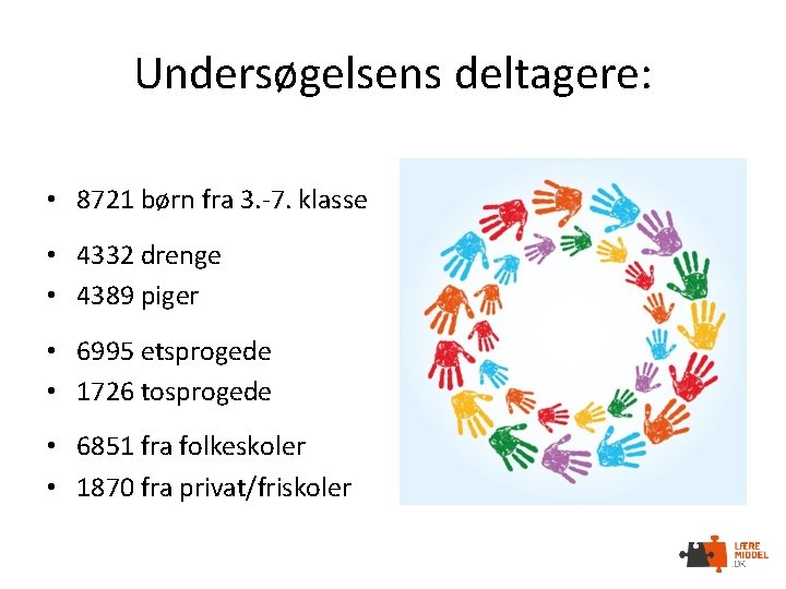 Undersøgelsens deltagere: • 8721 børn fra 3. -7. klasse • 4332 drenge • 4389