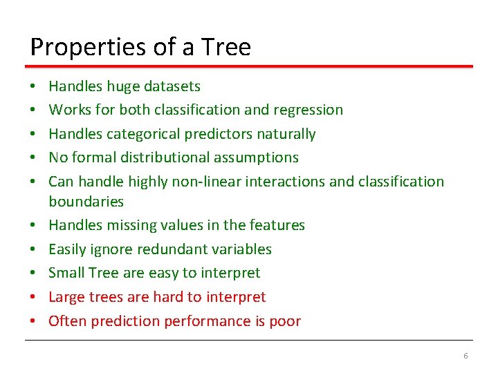 Properties of a Tree • • • Handles huge datasets Works for both classification