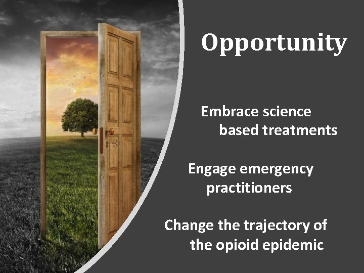 Opportunity Embrace science based treatments Engage emergency practitioners Change the trajectory of the opioid