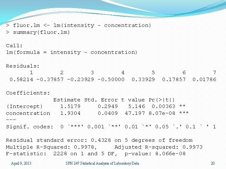 > fluor. lm <- lm(intensity ~ concentration) > summary(fluor. lm) Call: lm(formula = intensity