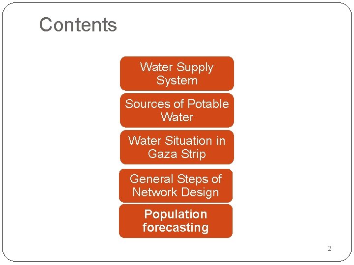 Contents Water Supply System Sources of Potable Water Situation in Gaza Strip General Steps