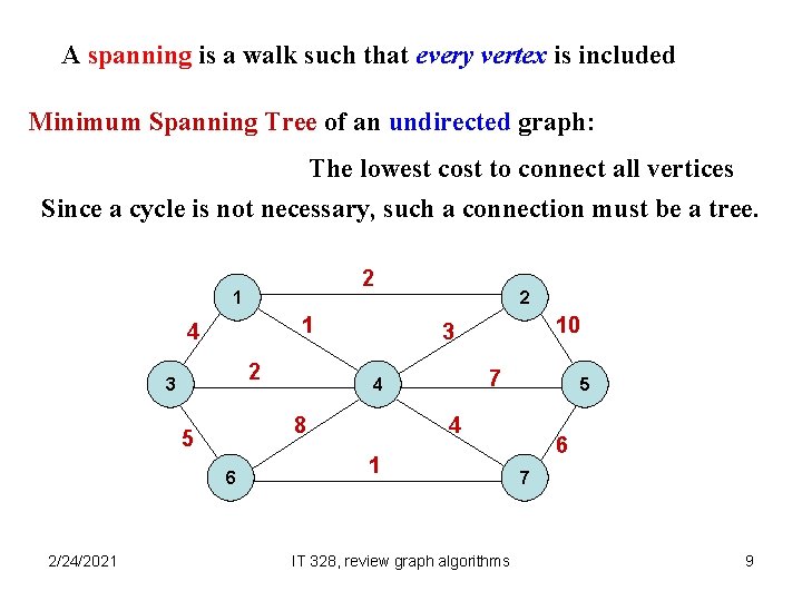 A spanning is a walk such that every vertex is included Minimum Spanning Tree