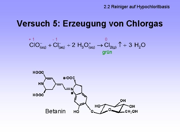 2. 2 Reiniger auf Hypochloritbasis Versuch 5: Erzeugung von Chlorgas +1 -1 0 grün