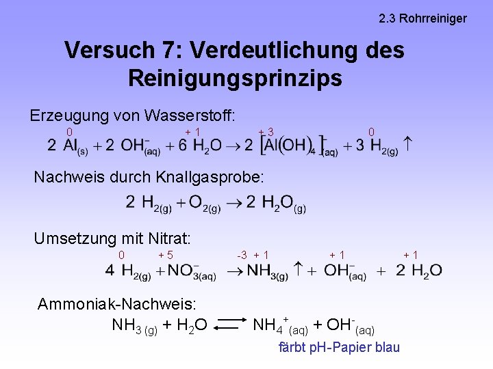 2. 3 Rohrreiniger Versuch 7: Verdeutlichung des Reinigungsprinzips Erzeugung von Wasserstoff: 0 +1 +3