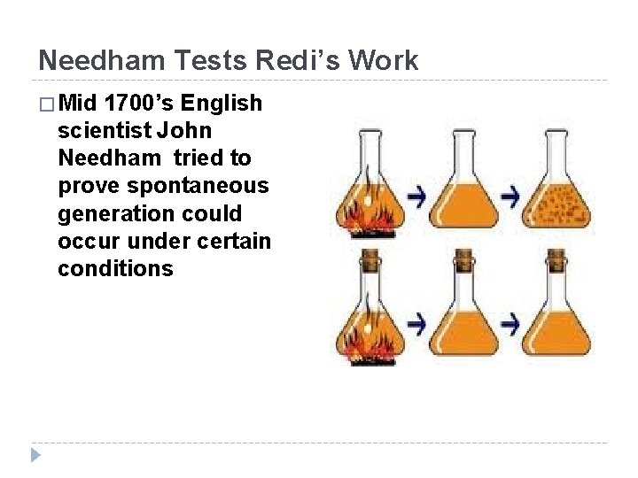 Needham Tests Redi’s Work � Mid 1700’s English scientist John Needham tried to prove