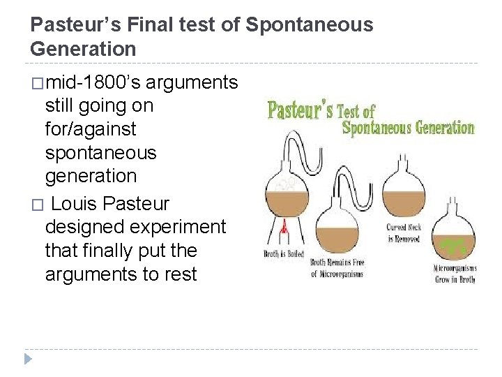 Pasteur’s Final test of Spontaneous Generation �mid-1800’s arguments still going on for/against spontaneous generation