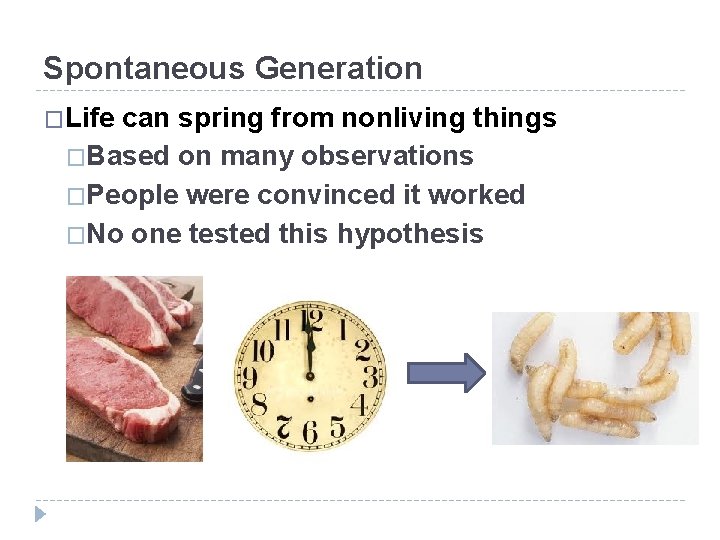 Spontaneous Generation �Life can spring from nonliving things �Based on many observations �People were
