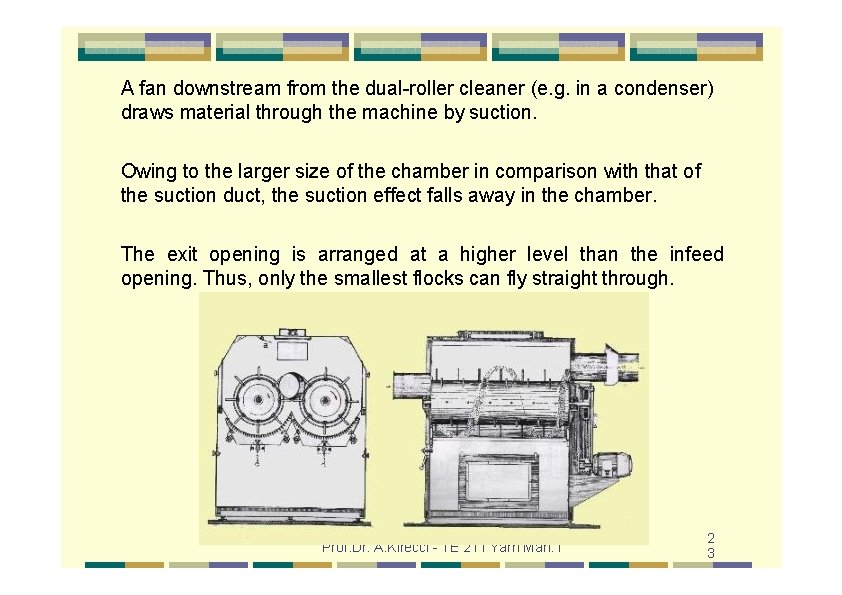 A fan downstream from the dual-roller cleaner (e. g. in a condenser) draws material