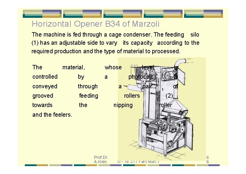 Horizontal Opener B 34 of Marzoli The machine is fed through a cage condenser.