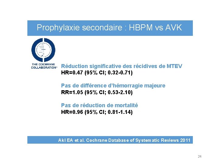 Prophylaxie secondaire : HBPM vs AVK Réduction significative des récidives de MTEV HR=0. 47