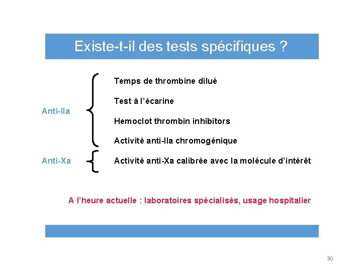 Existe-t-il des tests spécifiques ? Temps de thrombine dilué Test à l’écarine Anti-IIa Hemoclot