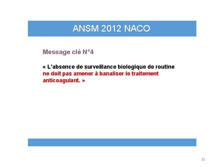ANSM 2012 NACO Message clé N° 4 « L’absence de surveillance biologique de routine