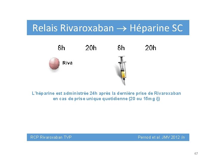 Relais Rivaroxaban Héparine SC L’héparine est administrée 24 h après la dernière prise de