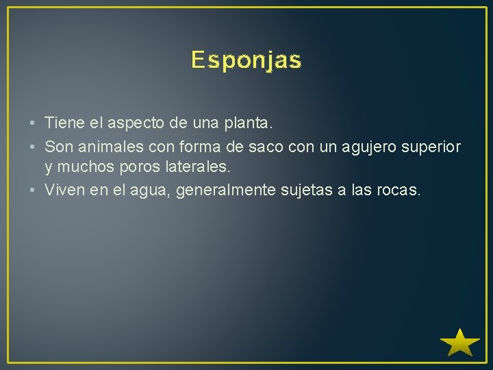 Esponjas • Tiene el aspecto de una planta. • Son animales con forma de