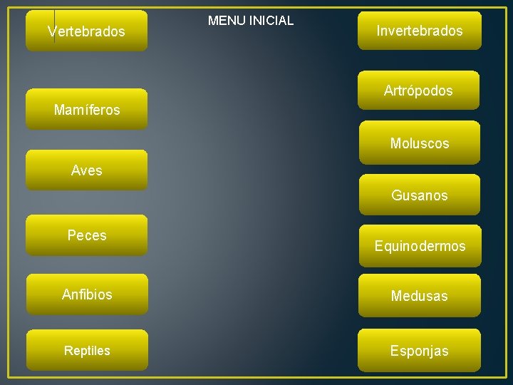 Vertebrados MENU INICIAL Invertebrados Artrópodos Mamíferos Moluscos Aves Gusanos Peces Equinodermos Anfibios Medusas Reptiles