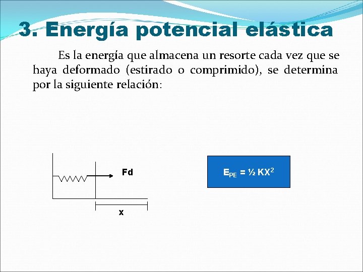 3. Energía potencial elástica Es la energía que almacena un resorte cada vez que
