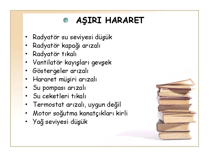 AŞIRI HARARET • • • Radyatör su seviyesi düşük Radyatör kapağı arızalı Radyatör tıkalı