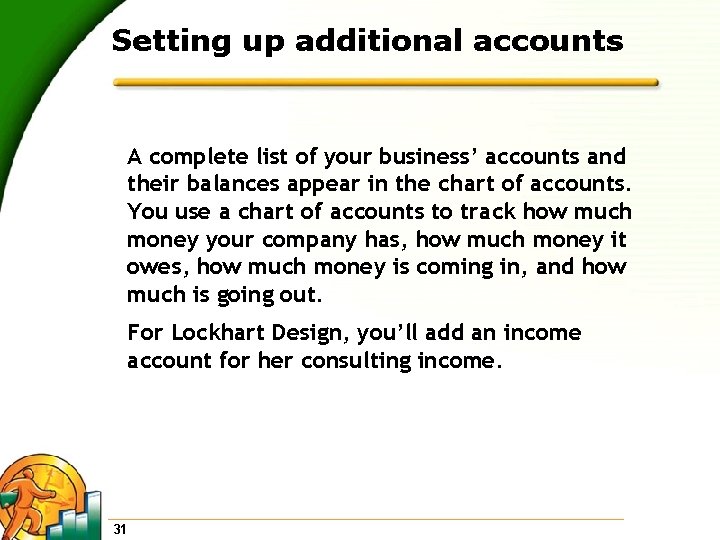 Setting up additional accounts A complete list of your business’ accounts and their balances