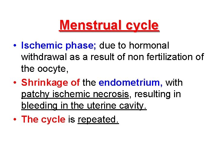 Menstrual cycle • Ischemic phase; due to hormonal withdrawal as a result of non
