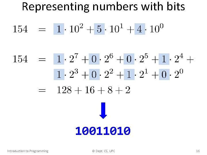 Representing numbers with bits 10011010 Introduction to Programming © Dept. CS, UPC 16 