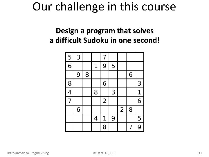 Our challenge in this course Design a program that solves a difficult Sudoku in
