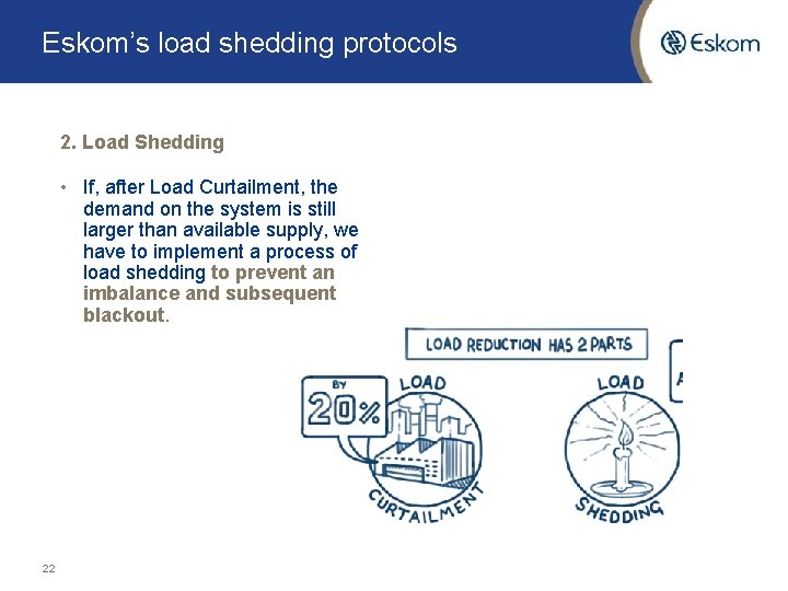 Eskom’s load shedding protocols 2. Load Shedding • If, after Load Curtailment, the demand