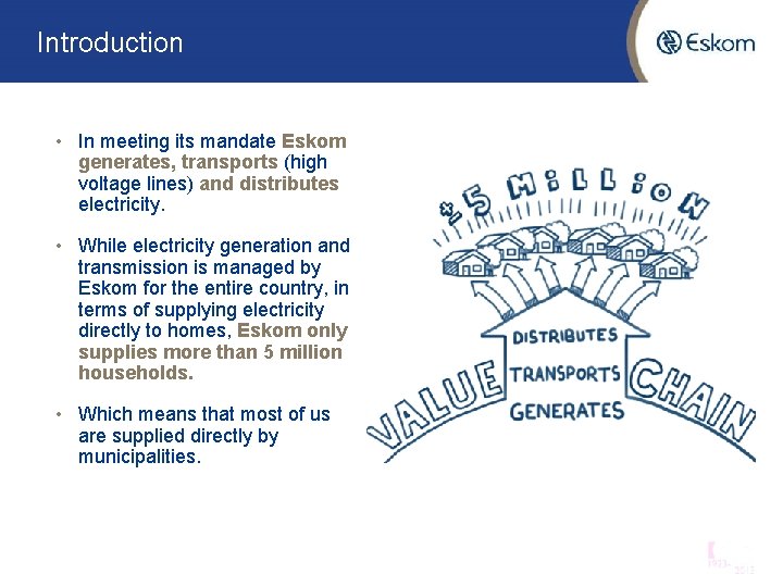 Introduction • In meeting its mandate Eskom generates, transports (high voltage lines) and distributes