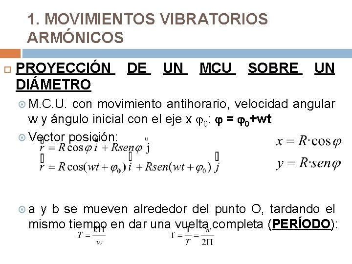 1. MOVIMIENTOS VIBRATORIOS ARMÓNICOS PROYECCIÓN DIÁMETRO DE UN MCU SOBRE UN M. C. U.