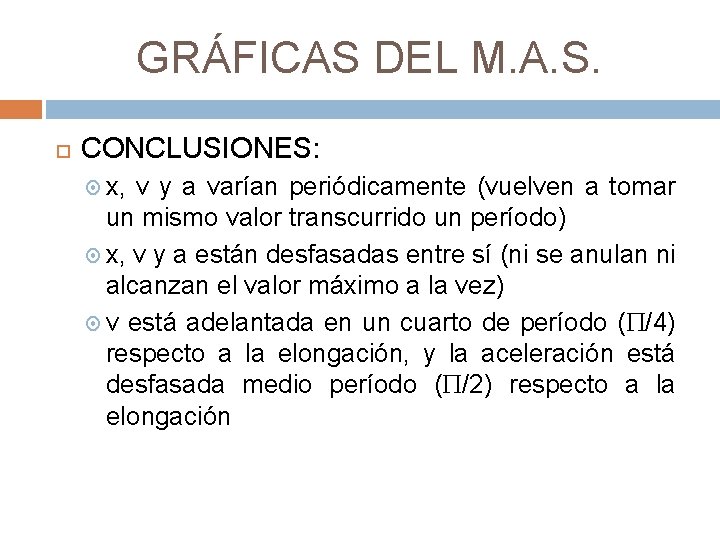GRÁFICAS DEL M. A. S. CONCLUSIONES: x, v y a varían periódicamente (vuelven a