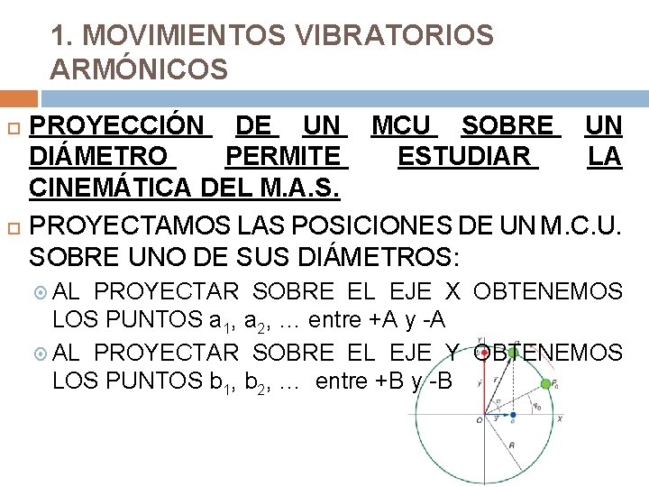 1. MOVIMIENTOS VIBRATORIOS ARMÓNICOS PROYECCIÓN DE UN MCU SOBRE UN DIÁMETRO PERMITE ESTUDIAR LA